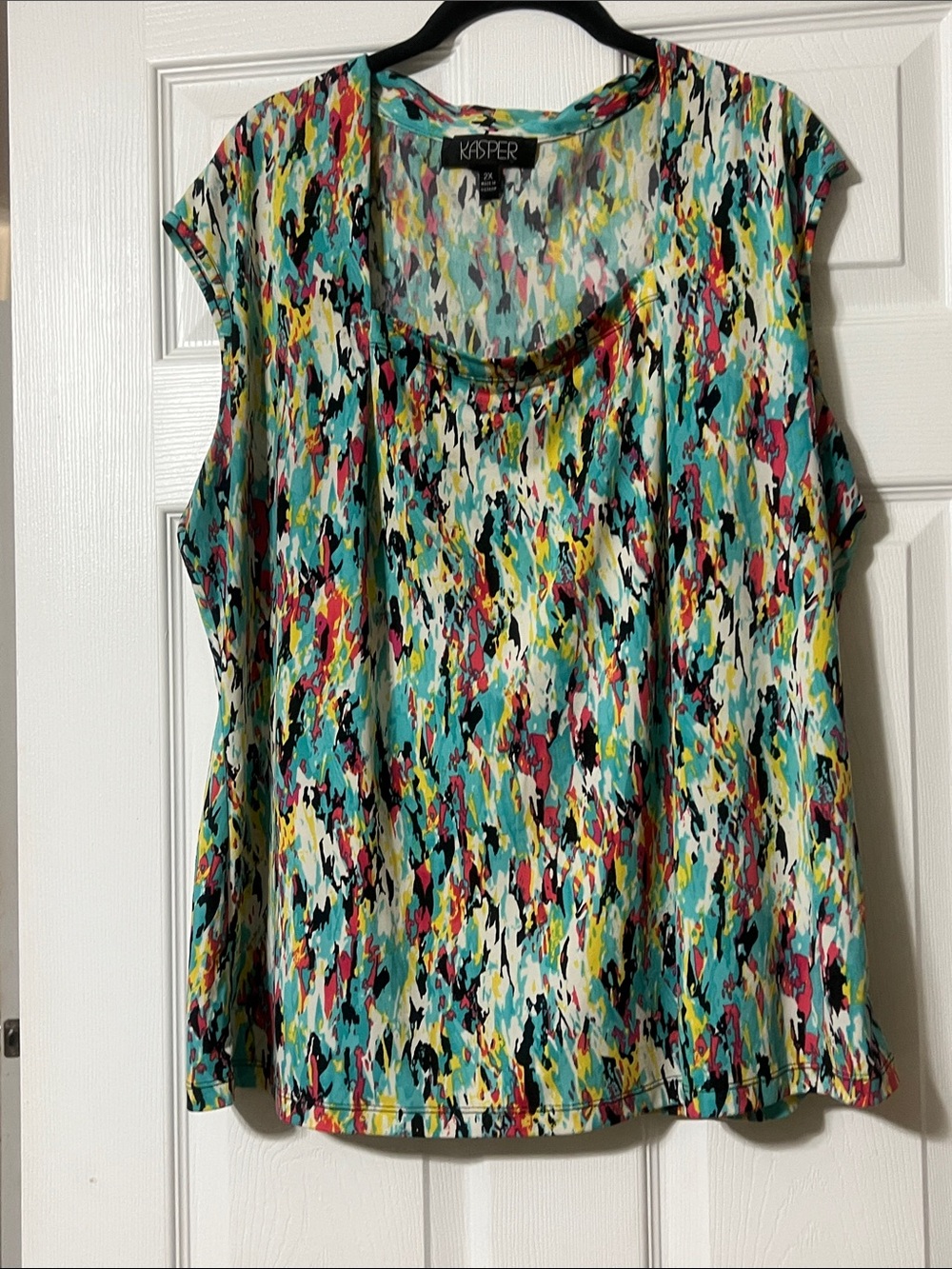 Kasper Multicolor Square Neck Tank Top with Abstract Teal, Pink & Yellow Print